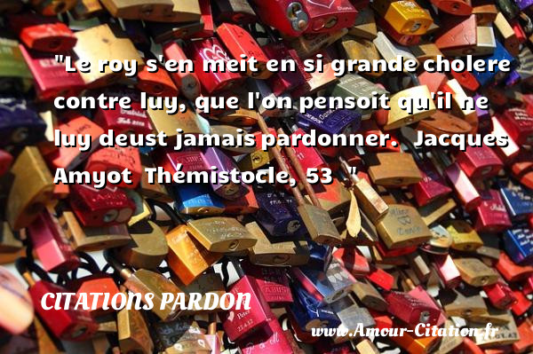 Le roy s en meit en si grande cholere contre luy, que l on pensoit qu il ne luy deust jamais pardonner.   Jacques Amyot  Thémistocle, 53  &nbsp;   Une citation sur le pardon CITATIONS PARDON