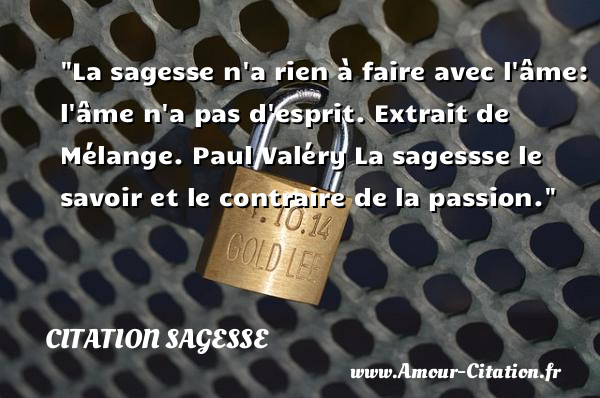La sagesse n a rien à faire avec l âme: l âme n a pas d esprit.  Extrait de Mélange. Paul Valéry  La sagessse le savoir et le contraire de la passion.  Une citation sur la sagesse CITATION SAGESSE