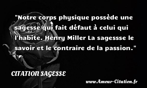 Notre corps physique possède une sagesse qui fait défaut à celui qui l habite.  Henry Miller  La sagessse le savoir et le contraire de la passion.  Une citation sur la sagesse CITATION SAGESSE