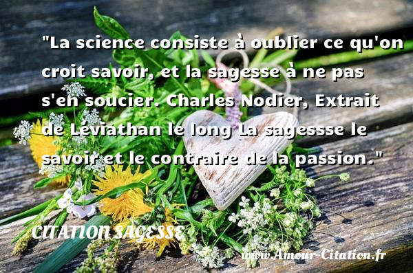 La science consiste à oublier ce qu on croit savoir, et la sagesse à ne pas s en soucier.  Charles Nodier, Extrait de Léviathan le long  La sagessse le savoir et le contraire de la passion.  Une citation sur la sagesse CITATION SAGESSE