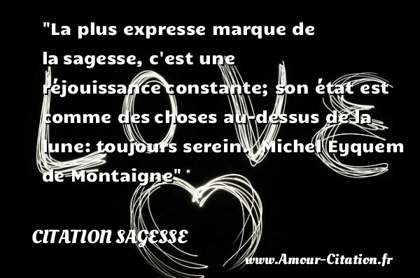 La plus expresse marque de la sagesse, c est une réjouissance constante; son état est comme des choses au-dessus de la lune: toujours serein.   Michel Eyquem de Montaigne   Une citation sur la sagesse CITATION SAGESSE