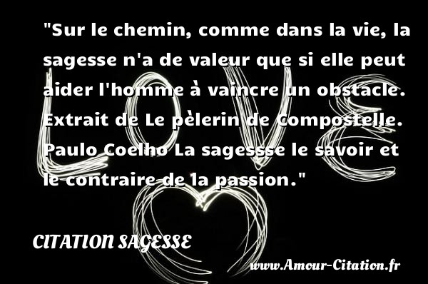 Sur le chemin, comme dans la vie, la sagesse n a de valeur que si elle peut aider l homme à vaincre un obstacle.   Extrait de Le pèlerin de Compostelle. Paulo Coelho  La sagessse le savoir et le contraire de la passion.  Une citation sur la sagesse CITATION SAGESSE