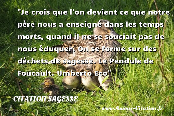 Je crois que l on devient ce que notre père nous a enseigné dans les temps morts, quand il ne se souciait pas de nous éduquer. On se forme sur des déchets de sagesse.  Le Pendule de Foucault. Umberto Eco  Une citation sur la sagesse CITATION SAGESSE