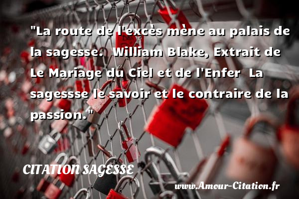 La route de l excès mène au palais de la sagesse.   William Blake, Extrait de Le Mariage du Ciel et de l Enfer   La sagessse le savoir et le contraire de la passion.  Une citation sur la sagesse CITATION SAGESSE
