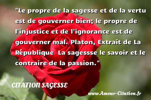 Le propre de la sagesse et de la vertu est de gouverner bien; le propre de l injustice et de l ignorance est de gouverner mal.  Platon, Extrait de La République   La sagessse le savoir et le contraire de la passion.  Une citation sur la sagesse CITATION SAGESSE