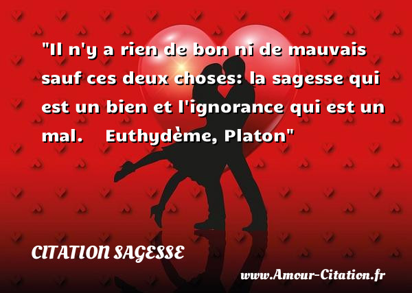 Il n y a rien de bon ni de mauvais sauf ces deux choses: la sagesse qui est un bien et l ignorance qui est un mal.  &nbsp;   Euthydème, Platon   Une citation sur la sagesse CITATION SAGESSE