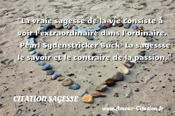 La vraie sagesse de la vie consiste à voir l extraordinaire dans l ordinaire.  &nbsp;   Pearl Sydenstricker Buck   La sagessse le savoir et le contraire de la passion.  Une citation sur la sagesse CITATION SAGESSE