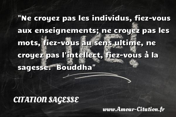 Ne croyez pas les individus, fiez-vous aux enseignements; ne croyez pas les mots, fiez-vous au sens ultime, ne croyez pas l intellect, fiez-vous à la sagesse.   Bouddha  Une citation sur la sagesse CITATION SAGESSE