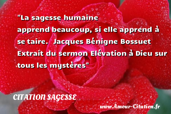 La sagesse humaine apprend beaucoup, si elle apprend à se taire.   Jacques Bénigne Bossuet  Extrait du sermon Elévation à Dieu sur tous les mystères   Une citation sur la sagesse CITATION SAGESSE