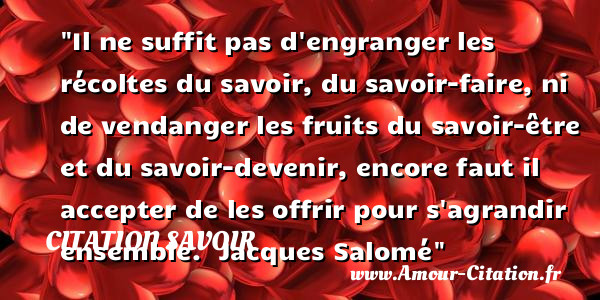 Il ne suffit pas d engranger les récoltes du savoir, du savoir-faire, ni de vendanger les fruits du savoir-être et du savoir-devenir, encore faut il accepter de les offrir pour s agrandir ensemble.   Jacques Salomé   Une citation sur le savoir CITATION SAVOIR
