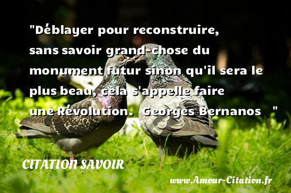 Déblayer pour reconstruire, sans savoir grand-chose du monument futur sinon qu il sera le plus beau, cela s appelle faire une Révolution.   Georges Bernanos   &nbsp;   Une citation sur le savoir CITATION SAVOIR