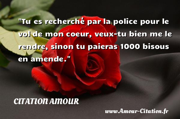 Tu es recherché par la police pour le vol de mon coeur, veux-tu bien me le rendre, sinon tu paieras 1000 bisous en amende.   Une citation d amour CITATION AMOUR