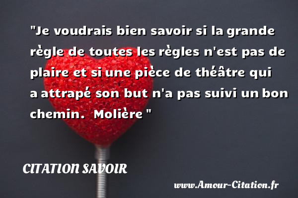 Je voudrais bien savoir si la grande règle de toutes les règles n est pas de plaire et si une pièce de théâtre qui a attrapé son but n a pas suivi un bon chemin.   Molière    Une citation sur le savoir CITATION SAVOIR