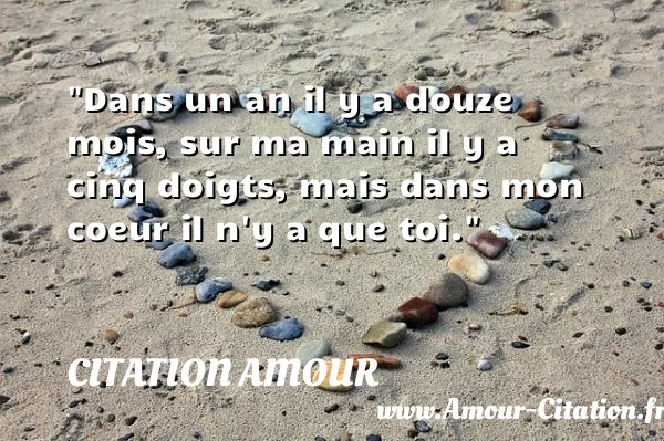 Dans un an il y a douze mois, sur ma main il y a cinq doigts, mais dans mon coeur il n y a que toi.  CITATION AMOUR