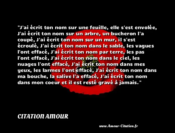 J ai écrit ton nom sur une feuille, elle s est envolée, J ai écrit ton nom sur un arbre, un bucheron l a coupé, J ai écrit ton nom sur un mur, il s est écroulé, J ai écrit ton nom dans le sable, les vagues l ont effacé, J ai écrit ton nom par terre, les pas l ont effacé, J ai écrit ton nom dans le ciel, les nuages l ont effacé, J ai écrit ton nom dans mes yeux, les larmes l ont effacé, J ai écrit ton nom dans ma bouche, la salive l a effacé, J ai écrit ton nom dans mon coeur et il est resté gravé à jamais.  CITATION AMOUR
