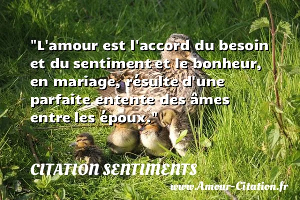 L amour est l accord du besoin et du sentiment et le bonheur, en mariage, résulte d une parfaite entente des âmes entre les époux. CITATION SENTIMENTS
