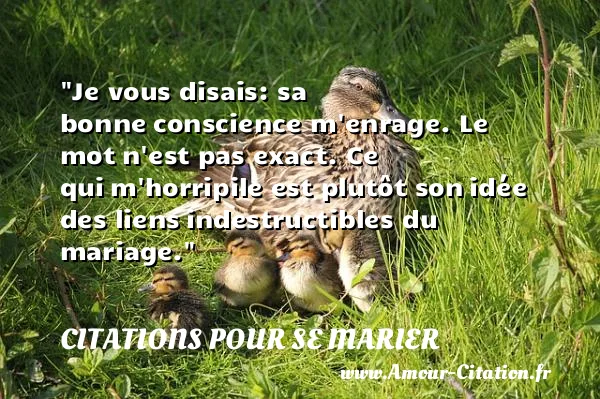 Je vous disais: sa bonne conscience m enrage. Le mot n est pas exact. Ce qui m horripile est plutôt son idée des liens indestructibles du mariage.  CITATIONS POUR SE MARIER
