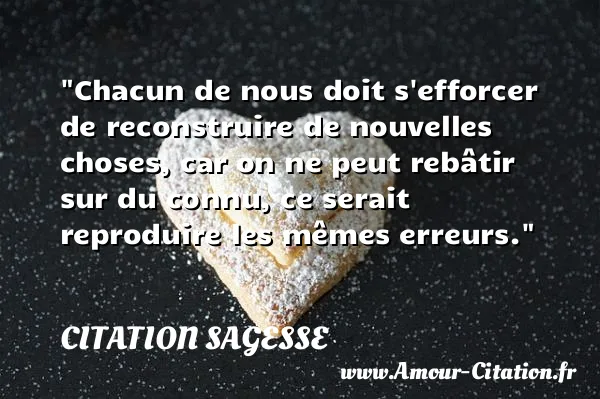 Chacun de nous doit s efforcer de reconstruire de nouvelles choses, car on ne peut rebâtir sur du connu, ce serait reproduire les mêmes erreurs.  CITATION SAGESSE