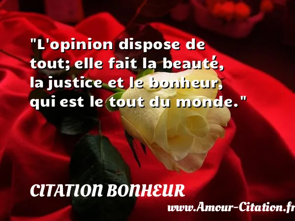 L opinion dispose de tout; elle fait la beauté, la justice et le bonheur, qui est le tout du monde.  CITATION BONHEUR