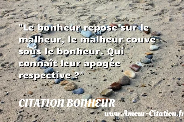 Le bonheur repose sur le malheur, le malheur couve sous le bonheur. Qui connaît leur apogée respective ?  CITATION BONHEUR