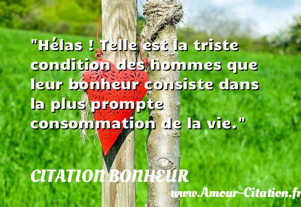 Hélas ! Telle est la triste condition des hommes que leur bonheur consiste dans la plus prompte consommation de la vie.  CITATION BONHEUR