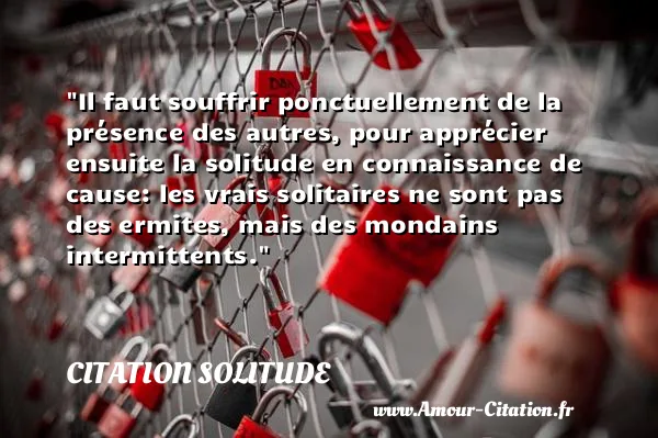 Il faut souffrir ponctuellement de la présence des autres, pour apprécier ensuite la solitude en connaissance de cause: les vrais solitaires ne sont pas des ermites, mais des mondains intermittents.  CITATION SOLITUDE