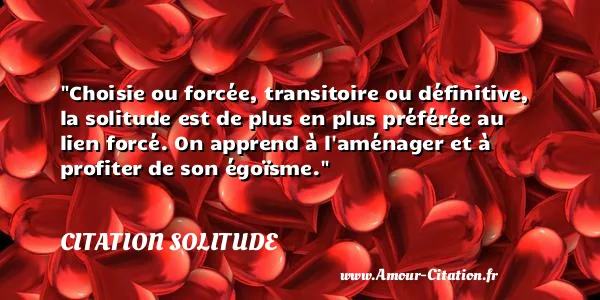 Choisie ou forcée, transitoire ou définitive, la solitude est de plus en plus préférée au lien forcé. On apprend à l aménager et à profiter de son égoïsme. CITATION SOLITUDE