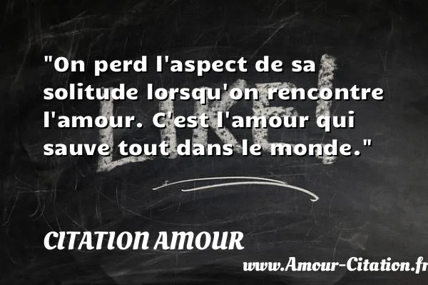 On perd l aspect de sa solitude lorsqu on rencontre l amour. C est l amour qui sauve tout dans le monde.  CITATION AMOUR