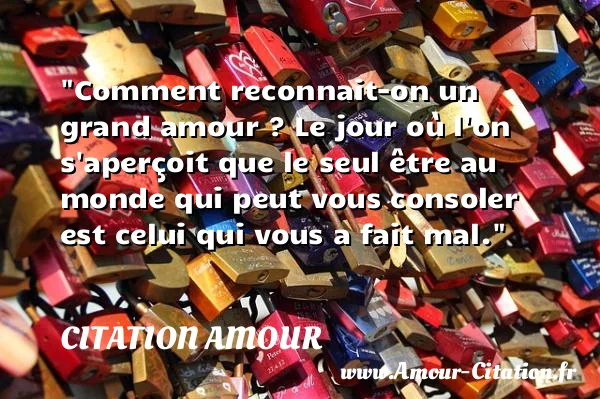 Comment reconnait-on un grand amour ? Le jour où l on s aperçoit que le seul être au monde qui peut vous consoler est celui qui vous a fait mal.  CITATION AMOUR