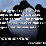  L amitié qui se lit sur les visages et dans les gestes devient comme une prairie dessinée par un rêve dans une longue nuit de solitude.  CITATION SOLITUDE