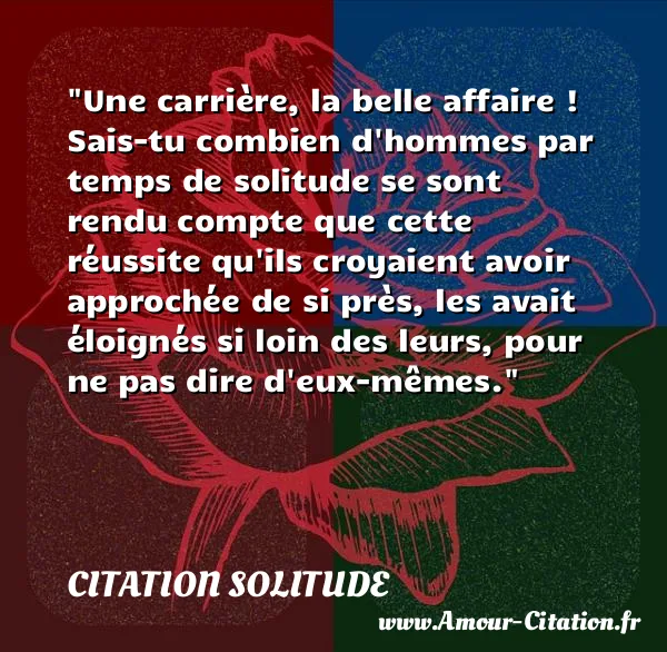 Une carrière, la belle affaire ! Sais-tu combien d hommes par temps de solitude se sont rendu compte que cette réussite qu ils croyaient avoir approchée de si près, les avait éloignés si loin des leurs, pour ne pas dire d eux-mêmes.  CITATION SOLITUDE