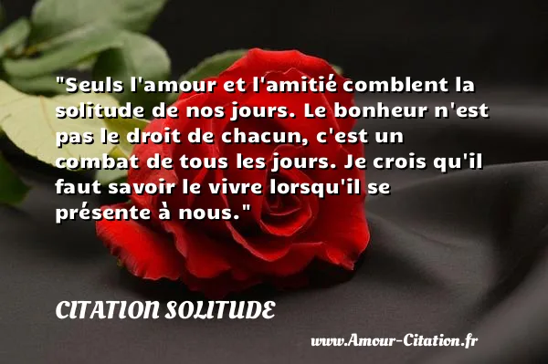 Seuls l amour et l amitié comblent la solitude de nos jours. Le bonheur n est pas le droit de chacun, c est un combat de tous les jours. Je crois qu il faut savoir le vivre lorsqu il se présente à nous.  CITATION SOLITUDE