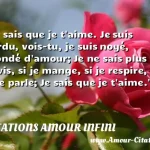  Je sais que je t aime. Je suis perdu, vois-tu, je suis noyé, inondé d amour; Je ne sais plus si je vis, si je mange, si je respire, si je parle; Je sais que je t aime.  CITATIONS AMOUR INFINI