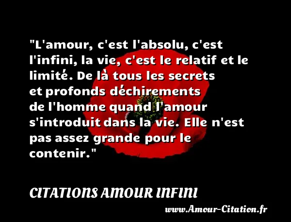 L amour, c est l absolu, c est l infini, la vie, c est le relatif et le limité. De là tous les secrets et profonds déchirements de l homme quand l amour s introduit dans la vie. Elle n est pas assez grande pour le contenir. CITATIONS AMOUR INFINI