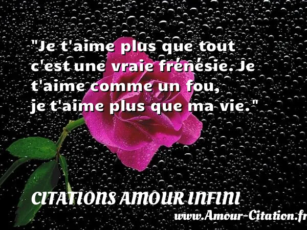 Je t aime plus que tout c est une vraie frénésie. Je t aime comme un fou, je t aime plus que ma vie.  CITATIONS AMOUR INFINI