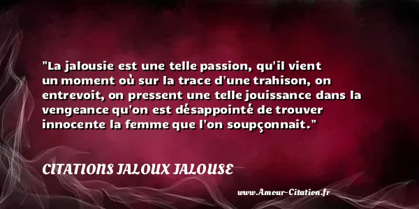 La jalousie est une telle passion, qu il vient un moment où sur la trace d une trahison, on entrevoit, on pressent une telle jouissance dans la vengeance qu on est désappointé de trouver innocente la femme que l on soupçonnait. CITATIONS JALOUX JALOUSE