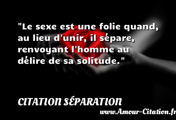 Le sexe est une folie quand, au lieu d unir, il sépare, renvoyant l homme au délire de sa solitude.  CITATION SÉPARATION
