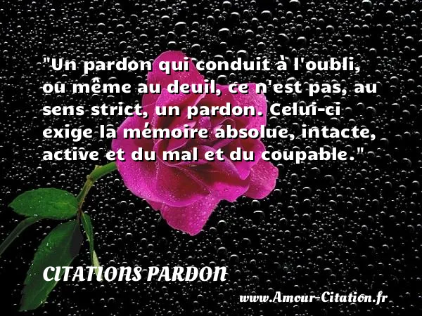 Un pardon qui conduit à l oubli, ou même au deuil, ce n est pas, au sens strict, un pardon. Celui-ci exige la mémoire absolue, intacte, active et du mal et du coupable.  CITATIONS PARDON
