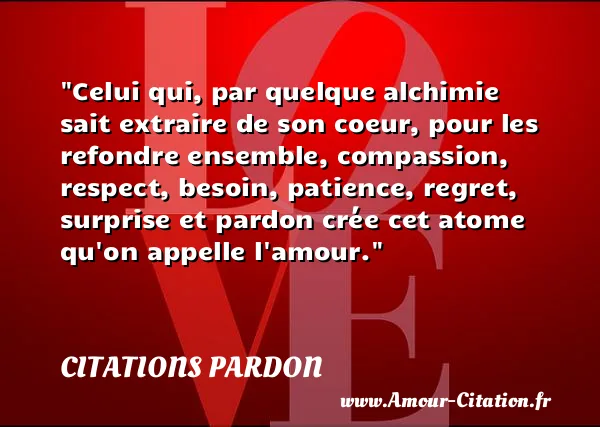Celui qui, par quelque alchimie sait extraire de son coeur, pour les refondre ensemble, compassion, respect, besoin, patience, regret, surprise et pardon crée cet atome qu on appelle l amour. CITATIONS PARDON