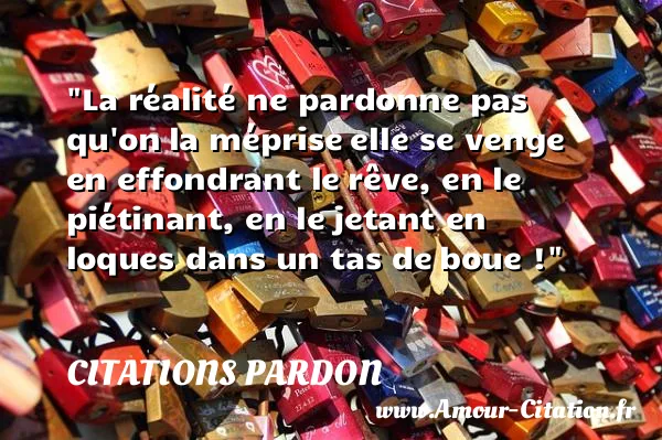 La réalité ne pardonne pas qu on la méprise elle se venge en effondrant le rêve, en le piétinant, en le jetant en loques dans un tas de boue ! CITATIONS PARDON