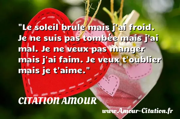 Le soleil brule mais j ai froid. Je ne suis pas tombée mais j ai mal. Je ne veux pas manger mais j ai faim. Je veux t oublier mais je t aime.  CITATION AMOUR