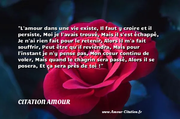 L amour dans une vie existe, Il faut y croire et il persiste, Moi je l avais trouvé, Mais il s est échappé, Je n ai rien fait pour le retenir, Alors il m a fait souffrir, Peut être qu il reviendra, Mais pour l instant je n y pense pas, Mon coeur continu de voler, Mais quand le chagrin sera passé, Alors il se posera, Et ça sera près de toi !  CITATION AMOUR