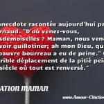  L anecdote racontée aujourd hui par D Arnaud.  D où venez-vous, mesdemoiselles ? Maman, nous venons de voir guillotiner; ah mon Dieu, que ce pauvre bourreau a eu de peine.  Cet horrible déplacement de la pitié peint un siècle où tout est renversé.  CITATION MAMAN
