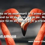  Quand tu m as murmuré je t aime je t ai cru. Quand tu m as serré je l ai su. Mais depuis que tu m as quitté je n y crois plus.  CITATION AMOUR