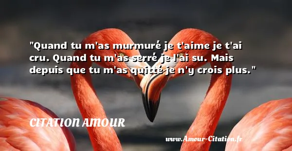 Quand tu m as murmuré je t aime je t ai cru. Quand tu m as serré je l ai su. Mais depuis que tu m as quitté je n y crois plus.  CITATION AMOUR