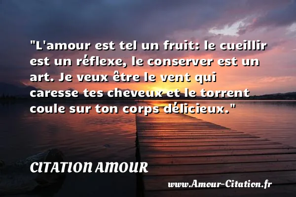 L amour est tel un fruit: le cueillir est un réflexe, le conserver est un art. Je veux être le vent qui caresse tes cheveux et le torrent coule sur ton corps délicieux.  CITATION AMOUR