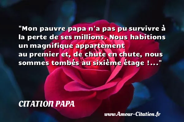 Mon pauvre papa n a pas pu survivre à la perte de ses millions. Nous habitions un magnifique appartement au premier et, de chute en chute, nous sommes tombés au sixième étage !...  CITATION PAPA