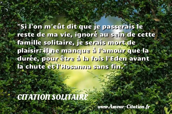 Si l on m eût dit que je passerais le reste de ma vie, ignoré au sein de cette famille solitaire, je serais mort de plaisir: il ne manque à l amour que la durée, pour être à la fois l Eden avant la chute et l Hosanna sans fin.  CITATION SOLITAIRE