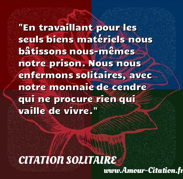 En travaillant pour les seuls biens matériels nous bâtissons nous-mêmes notre prison. Nous nous enfermons solitaires, avec notre monnaie de cendre qui ne procure rien qui vaille de vivre.  CITATION SOLITAIRE