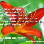  L amour est une poursuite solitaire, dont la signification ne peut être comprise, au mieux, que par une seule autre personne: celle que nous aimons.  CITATION SOLITAIRE